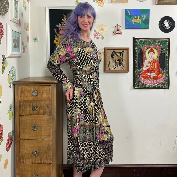 Vintage Faux Patchwork Print Dress, 1990s Bohemian Rayon Midi, Sz M April Rain - Picture 2 of 13